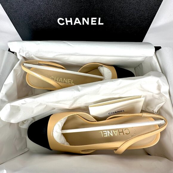 CHANEL SLINGBACK CAP TOE HEELS BEIGE - Picture 10 of 12
